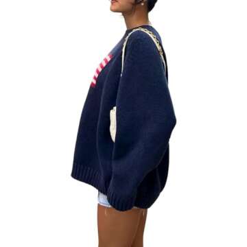 Women Vintage Loose Casual Sweater Long Sleeve Crew Neck USA Flag Print Knit Pullover Knitwear Fall ...