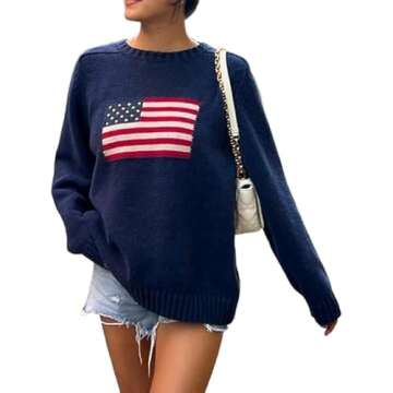 Women Vintage Loose Casual Sweater Long Sleeve Crew Neck USA Flag Print Knit Pullover Knitwear Fall Streetwear