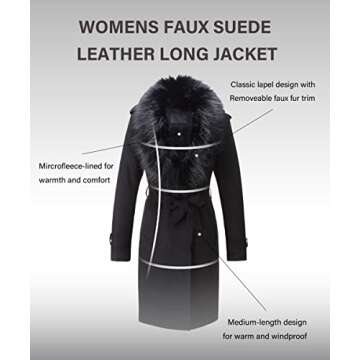 Bellivera Women's Faux Suede Leather Jacket Lapel Outwear Trench Dress Coat Costume FF20 Black M