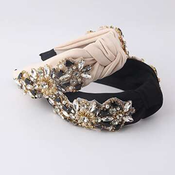 Yusier Knotted Headbands for Women Rhinestone Crystal Headband Handmade Jewelry Hair Accessories Fashion Wide Hairband (Beige)