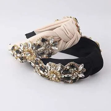 Yusier Knotted Headbands for Women Rhinestone Crystal Headband Handmade Jewelry Hair Accessories Fashion Wide Hairband (Beige)