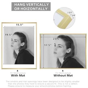 Golden State Art - 18x24 Aluminum Picture Frame - with Mat for 16x20 Photo or Without Mat for 18 x 24 Poster - Real Glass Cover - Simple and Elegant Decor for Wall Mounting - 1 Pack - Gold