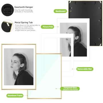 Golden State Art - 18x24 Aluminum Picture Frame - with Mat for 16x20 Photo or Without Mat for 18 x 24 Poster - Real Glass Cover - Simple and Elegant Decor for Wall Mounting - 1 Pack - Gold