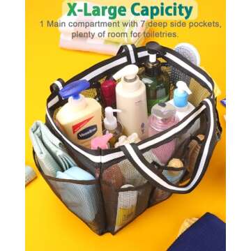 Ocim XL Large Shower Caddy Portable Mesh Shower Tote Bag Collapsible for College Dorm Camp Gym - Black