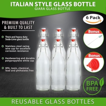 Eco-Friendly Flip Top Glass Bottles Set - 1L Size Pack of 6