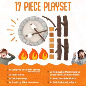 HUNIIHOME Pretend Campfire - Sensory Play Camping Toy Set with Plush Fire, Logs and Stones - 17 Piec...