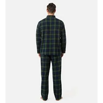 LAPASA Men's Pajama Set 100% Cotton Flannel Top Long Sleeve & Bottom Pants Plaid Sleepwear PJ Sleepwear Lounge Comfy Button-Down M95 X-Large (Flannel Set) Green&navy Plaid