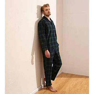 LAPASA Men's Pajama Set 100% Cotton Flannel Top Long Sleeve & Bottom Pants Plaid Sleepwear PJ Sleepwear Lounge Comfy Button-Down M95 X-Large (Flannel Set) Green&navy Plaid