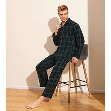 LAPASA Men's Pajama Set 100% Cotton Flannel Top Long Sleeve & Bottom Pants Plaid Sleepwear PJ Sleepwear Lounge Comfy Button-Down M95 X-Large (Flannel Set) Green&navy Plaid