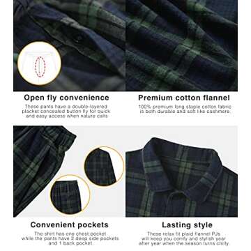 LAPASA Men's Pajama Set 100% Cotton Flannel Top Long Sleeve & Bottom Pants Plaid Sleepwear PJ Sleepwear Lounge Comfy Button-Down M95 X-Large (Flannel Set) Green&navy Plaid