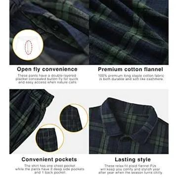 LAPASA Men's Pajama Set 100% Cotton Flannel Top Long Sleeve & Bottom Pants Plaid Sleepwear PJ Sleepwear Lounge Comfy Button-Down M95 X-Large (Flannel Set) Green&navy Plaid