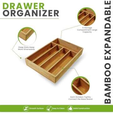 Utopia Kitchen Bamboo Silverware Organizer with 5 Compartments