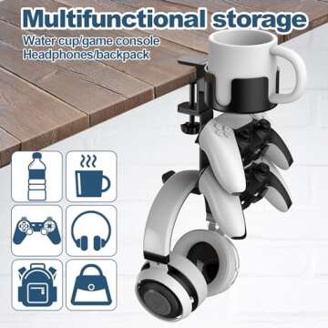 POWNEW 4 in 1 Desk Cup Holder with Headphone Hanger and Controller Stand Gaming Accessories, Universal Adjustable & Rotating Upgraded Arm Clamp for Coffee Mugs, Water Bottles, Headphones, Controller.