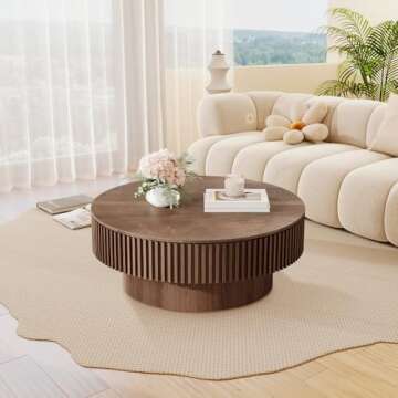 YSJZYBF 31.5'' Round Coffee Table for Living Room, Fluted Coffee Table with Hidden Storage, Solid Wo...