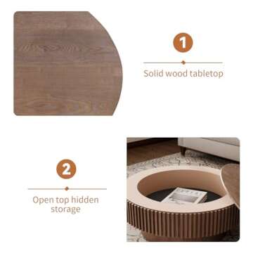 YSJZYBF 31.5'' Round Coffee Table for Living Room, Fluted Coffee Table with Hidden Storage, Solid Wood Veneered Circle Coffee Table, Modern Coffee Table Tea Table for Small Space Apartment (Walnut)