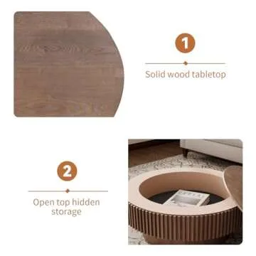 YSJZYBF 31.5'' Round Coffee Table for Living Room, Fluted Coffee Table with Hidden Storage, Solid Wood Veneered Circle Coffee Table, Modern Coffee Table Tea Table for Small Space Apartment (Walnut)