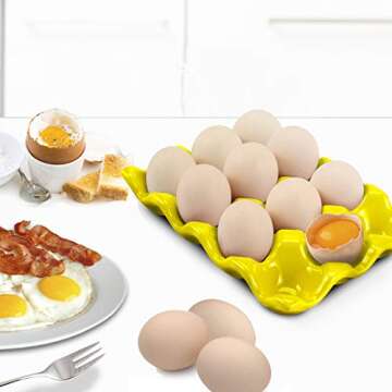 Flexzion Yellow Ceramic Egg Tray - Dozen Egg Cup Holders, Elegant Design, Microwave and Dishwasher Safe