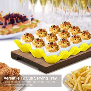 Flexzion Yellow Ceramic Egg Tray - Dozen Egg Cup Holders, Elegant Design, Microwave and Dishwasher Safe