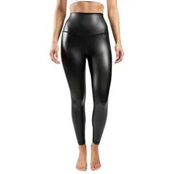 90 Degree By Reflex High Waist High Shine Faux Leather Fleece Lined Leggings - Black