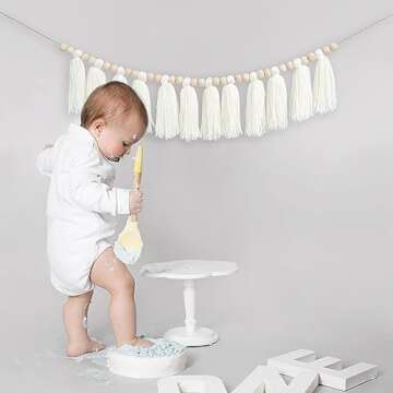 Vgaruint White Yarn Tassel Banner - Cream Wood Bead Tassel Garland Boho Decor, Beaded Tassel Bunting for Home, Boho Nursery Wall Hanging,Christmas Decor,Baby Bridal Shower Party Supplies