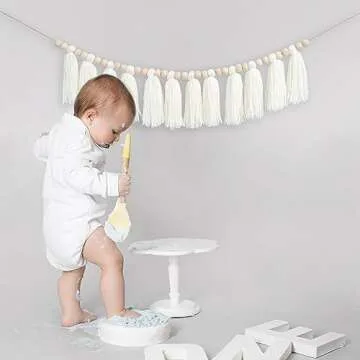 Vgaruint White Yarn Tassel Banner - Cream Wood Bead Tassel Garland Boho Decor, Beaded Tassel Bunting for Home, Boho Nursery Wall Hanging,Christmas Decor,Baby Bridal Shower Party Supplies