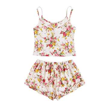 SheIn Women's Pajamas Sets Button Front Tank and Shorts Lounge Set Sleepwear White Floral Large