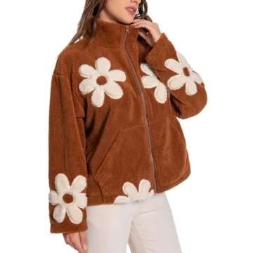 HOULENGS Women's Floral Print Sherpa Fleece Jackets Casual Long Sleeve Zipper Cropped Coat Winter Outwear with Pockets Brown Medium