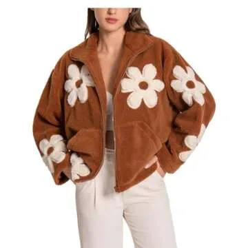HOULENGS Women's Floral Print Sherpa Fleece Jackets Casual Long Sleeve Zipper Cropped Coat Winter Outwear with Pockets Brown Medium
