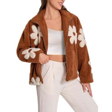 HOULENGS Women's Floral Print Sherpa Fleece Jackets Casual Long Sleeve Zipper Cropped Coat Winter Outwear with Pockets Brown Medium