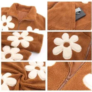 HOULENGS Women's Floral Print Sherpa Fleece Jackets Casual Long Sleeve Zipper Cropped Coat Winter Outwear with Pockets Brown Medium