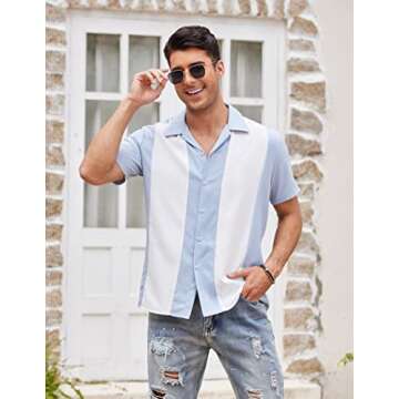COOFANDY Men's Casual Button Down Shirts Retro Bowling Shirts Beach Wear Clothing Light Blue White