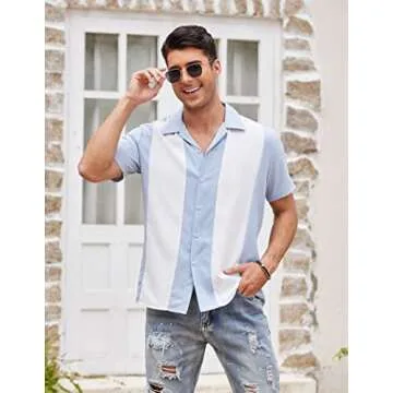 COOFANDY Men's Casual Button Down Shirts Retro Bowling Shirts Beach Wear Clothing Light Blue White