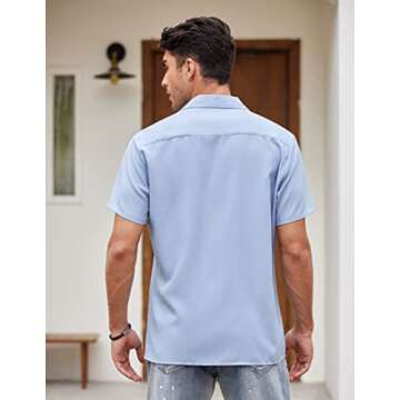 COOFANDY Men's Casual Button Down Shirts Retro Bowling Shirts Beach Wear Clothing Light Blue White