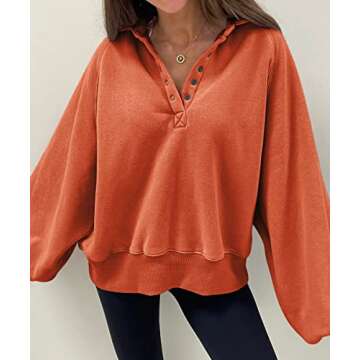 Trendy Queen Womens Sweatshirts Cropped Sweater Fashion Hoodies Oversized Jacket Fall Clothes 2023 Lantern Sleeve Drop Shoulder Pullover Button Fashion Y2K Outfits Orange