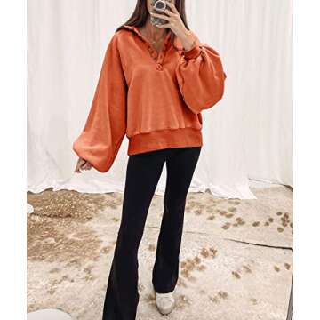 Trendy Queen Womens Sweatshirts Cropped Sweater Fashion Hoodies Oversized Jacket Fall Clothes 2023 Lantern Sleeve Drop Shoulder Pullover Button Fashion Y2K Outfits Orange