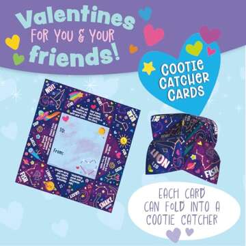 Peaceable Kingdom Valentines Cards for Kids Classroom, Set of 28 Valentines Day Gifts - Cosmic Space Cootie Catcher Cards