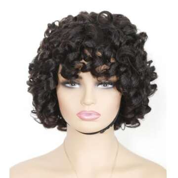 IMAYLI Pixie Cut Human Hair Wigs For Black Women Afro Rose Curly Funmi Glueless Wigs with Bangs Short Bouncy Curly Bob Wig With Bang 8Inch 180% Density Natural Black