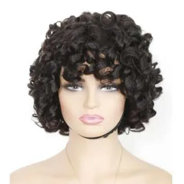 IMAYLI Pixie Cut Human Hair Wigs For Black Women Afro Rose Curly Funmi Glueless Wigs with Bangs Short Bouncy Curly Bob Wig With Bang 8Inch 180% Density Natural Black