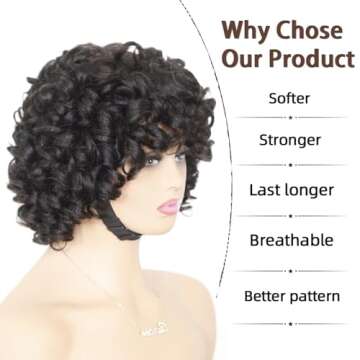IMAYLI Pixie Cut Human Hair Wigs For Black Women Afro Rose Curly Funmi Glueless Wigs with Bangs Short Bouncy Curly Bob Wig With Bang 8Inch 180% Density Natural Black