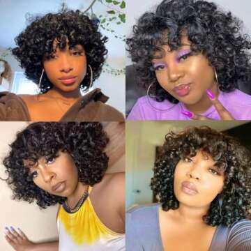 IMAYLI Pixie Cut Human Hair Wigs For Black Women Afro Rose Curly Funmi Glueless Wigs with Bangs Short Bouncy Curly Bob Wig With Bang 8Inch 180% Density Natural Black