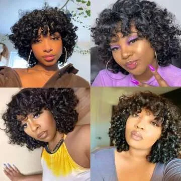 IMAYLI Pixie Cut Human Hair Wigs For Black Women Afro Rose Curly Funmi Glueless Wigs with Bangs Short Bouncy Curly Bob Wig With Bang 8Inch 180% Density Natural Black
