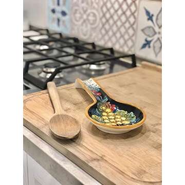 CERAMICHE D'ARTE PARRINI - Italian Ceramic Spoon Rest Holder Decorated Grape Background Black Pottery Art Hand Painted Made in ITALY Tuscan