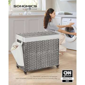 SONGMICS Laundry Hamper with Lid, 42.3 Gallons (160 L), Rolling Laundry Basket with Wheels, 3-Sectio...