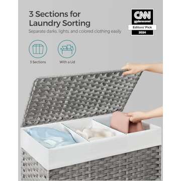 SONGMICS Laundry Hamper with Lid, 42.3 Gallons (160 L), Rolling Laundry Basket with Wheels, 3-Section Synthetic Rattan, Removable Liner, Bedroom, 27.6 x 14.2 x 26 Inches, Gray ULCB365G01