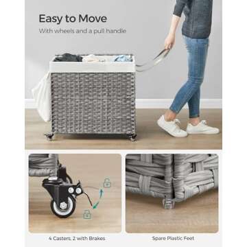 SONGMICS Laundry Hamper with Lid, 42.3 Gallons (160 L), Rolling Laundry Basket with Wheels, 3-Section Synthetic Rattan, Removable Liner, Bedroom, 27.6 x 14.2 x 26 Inches, Gray ULCB365G01