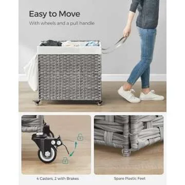 SONGMICS Laundry Hamper with Lid, 42.3 Gallons (160 L), Rolling Laundry Basket with Wheels, 3-Section Synthetic Rattan, Removable Liner, Bedroom, 27.6 x 14.2 x 26 Inches, Gray ULCB365G01