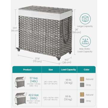SONGMICS Laundry Hamper with Lid, 42.3 Gallons (160 L), Rolling Laundry Basket with Wheels, 3-Section Synthetic Rattan, Removable Liner, Bedroom, 27.6 x 14.2 x 26 Inches, Gray ULCB365G01