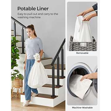 SONGMICS Laundry Hamper with Lid, 42.3 Gallons (160 L), Rolling Laundry Basket with Wheels, 3-Section Synthetic Rattan, Removable Liner, Bedroom, 27.6 x 14.2 x 26 Inches, Gray ULCB365G01