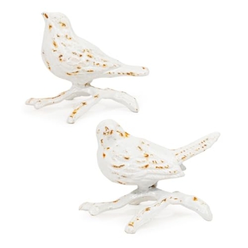 Sungmor Cast Iron Small Bird Statues, Set of 2 Antique White Bird with Branch Collectible Figurines,...