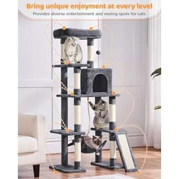 Yaheetech Large Multi-Level Cat Tree, 63 Inches Tall with Sisal-Covered Scratching Posts, Condo, Hammock, Dangling Ball, and Extended Platform for Cats to Play and Sleep